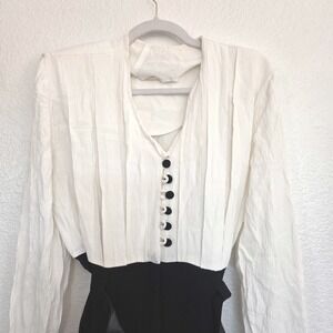 Vintage Menu Two Tone Jumpsuit Black White Wide Leg Rayon 80s Made in USA 11-12
